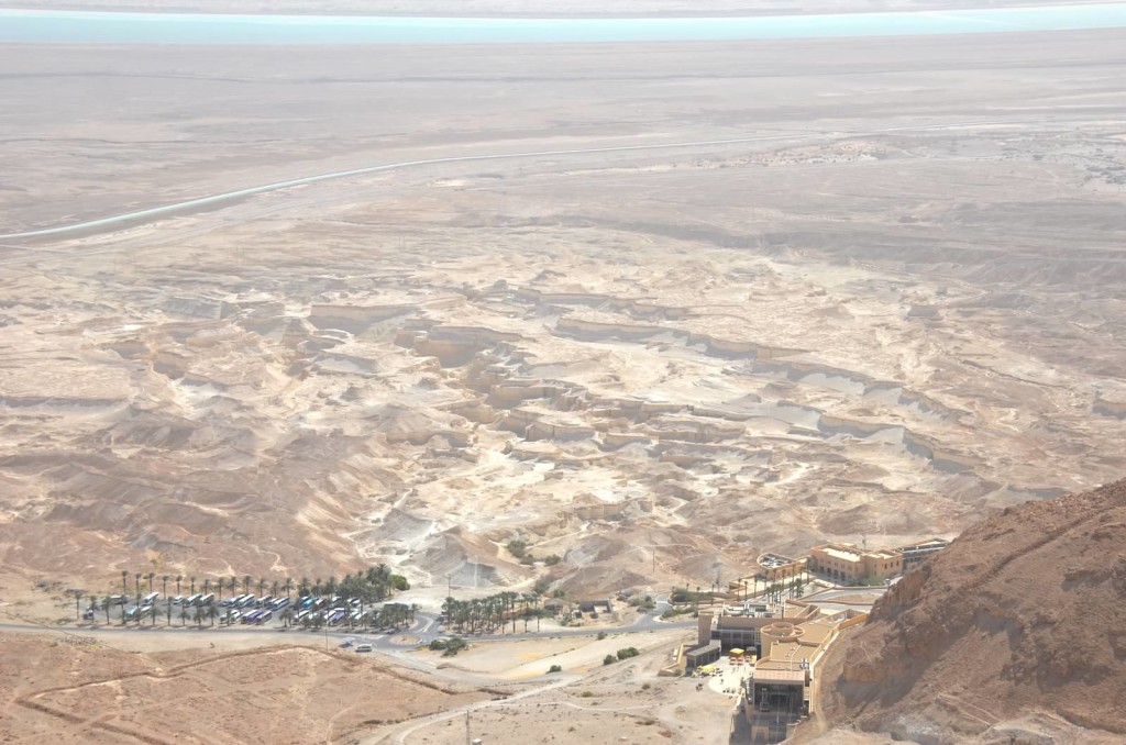 The view from atop Masada towards the Dead Sea, lowest place on Earth.
